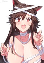 Rule 34 | 1girl, animal ears, blush, breasts, brown eyes, brown hair, cleavage, commentary request, fang, fingernails, huge breasts, imaizumi kagerou, long fingernails, long hair, looking at viewer, mummy costume, open mouth, ringed eyes, signature, simple background, skin fang, solo, suminagashi, sweat, touhou, upper body, white background, wolf ears, wolf girl