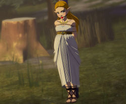 Rule 34 | 1girl, arms behind back, ball gag, bdsm, blonde hair, blue eyes, blush, bondage, boud, bound, breasts, gag, gagged, nintendo, pointy ears, princess zelda, skyripe, the legend of zelda, the legend of zelda: breath of the wild, tied to pole