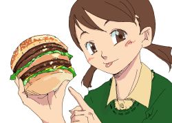 Rule 34 | 1girl, :p, animal ears, beef, blush, brown eyes, brown hair, burger, food, food focus, green shirt, long sleeves, looking at viewer, megamac, oekaki, original, pointing, salad, shirt, short hair, simple background, solo, tongue, tongue out, twintails, upper body, white background, wolf ears