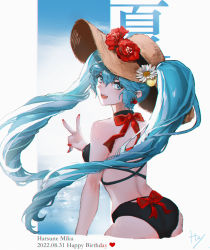 Rule 34 | 1girl, 2022, :d, absurdres, bikini, black bikini, blue eyes, blue hair, bow, character name, dated, earrings, floating hair, flower, h2 (hydrogenhni), hair between eyes, happy birthday, hat, hat flower, hatsune miku, highres, jewelry, long hair, looking at viewer, nail polish, open mouth, red bow, red flower, red nails, smile, solo, straw hat, sun hat, swimsuit, twintails, v, very long hair, vocaloid, white flower