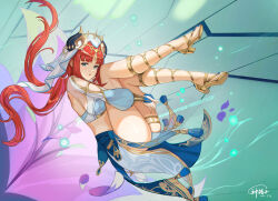 Rule 34 | 1girl, absurdres, ass, blue eyes, breasts, floral background, flower, genshin impact, god hunter, headgear, highres, legs, long hair, looking at viewer, looking to the side, medium breasts, nilou (genshin impact), red hair, sideboob, solo, thigh strap, thighs, twintails, veil