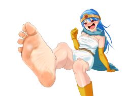 Rule 34 | 1girl, barefoot, blue hair, blush, boots, breasts, cleavage, dragon quest, dragon quest iii, elbow gloves, feet, gloves, highres, long hair, medium breasts, open mouth, red eyes, sage (dq3), shoes, single boot, single shoe, soles, steam, toes