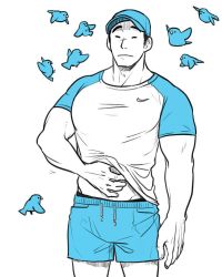 Rule 34 | 1boy, baseball cap, bird, blue bird, blue shorts, blue theme, clothes lift, commentary request, feet out of frame, hat, large pectorals, lifted by self, male focus, monochrome, muscular, muscular male, nike (company), original, pectorals, rinotuna, scratching, shirt, shirt lift, short hair, shorts, solo, tight clothes, tight shirt