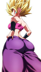 Rule 34 | 1girl, ass, bandeau, blonde hair, blue eyes, blurry, blush, cameltoe, caulifla, cowboy shot, depth of field, dragon ball, dragon ball super, female focus, from behind, from below, hand in pants, looking back, midriff, pants, pink bandeau, pointy ears, purple pants, rom (20), saiyan, simple background, solo, spiked hair, standing, super saiyan, underwear, white background, wrist cuffs