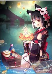 Rule 34 | 1girl, :3, :d, animal ear fluff, animal ears, azur lane, bad id, bad pixiv id, bell, black hair, black kimono, blunt bangs, bob cut, bow, breasts, bridge, cat ears, cat girl, cat mask, cloud, cloudy sky, cross-laced clothes, detached sleeves, fang, fish, flower, from side, glowing, green sky, gyaza, hair bow, hands up, holding, japanese clothes, jingle bell, kimono, lantern, lantern on liquid, long sleeves, lotus, mask, mask on head, medium breasts, night, night sky, open mouth, outdoors, paper lantern, partially submerged, raised eyebrows, red bow, red eyes, reflection, ripples, seiza, short hair, short kimono, sideboob, sitting, sky, smile, solo, tassel, thighhighs, water, white thighhighs, wide sleeves, yamashiro (azur lane)