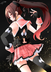 Rule 34 | .live, absurdres, alternate costume, alternate hairstyle, bow, brown hair, detached sleeves, earrings, gashitani, gloves, hair bow, highres, jewelry, lights, looking at viewer, looking back, microphone, ponytail, red eyes, single thighhigh, sleeveless, solo, stage, thighhighs, virtual youtuber, yaezawa natori