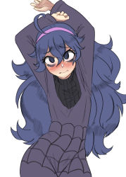 Rule 34 | 1girl, 3:, @ @, ahoge, arms up, bags under eyes, black dress, blue eyes, blue hair, blush, commentary, creatures (company), dress, english commentary, flat chest, game freak, hair between eyes, hairband, hex maniac (pokemon), highres, long hair, long sleeves, looking at viewer, messy hair, nintendo, nose blush, okamaka, pokemon, pokemon xy, purple hairband, simple background, solo, turtleneck, very long hair, wavy hair, white background