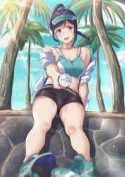 Rule 34 | 1girl, absurdres, aqua bra, aqua footwear, aqua scrunchie, bare shoulders, black shorts, blue sky, blush, bottle, bra, breasts, cleavage, collarbone, commentary request, hair ornament, hair scrunchie, high ponytail, highres, holding, holding bottle, huge filesize, jacket, long hair, looking at viewer, love live!, love live! school idol project, love live! sunshine!!, matsuura kanan, medium breasts, midriff, off-shoulder jacket, off shoulder, open clothes, open jacket, open mouth, palm tree, purple eyes, purple hair, scrunchie, shoes, shorts, sitting on wall, sky, sneakers, solo, sports bra, stone wall, thighs, tree, underwear, visor cap, wall, water bottle, white jacket, yuuyu (sun yuu)