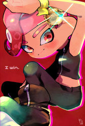 Rule 34 | 1boy, agent 8 (splatoon), arm up, black footwear, black pants, boots, closed mouth, crop top, english text, food, glint, kirikuchi riku, long sleeves, male focus, mohawk, navel, nintendo, octoling, octoling boy, octoling player character, pants, pink hair, red background, red eyes, short hair, silhouette, single bare shoulder, single sleeve, smile, solo, sparkle, splatoon (series), splatoon 2, splatoon 2: octo expansion, suction cups, takoyaki, tentacle hair, zipper, zipper pull tab