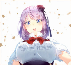 Rule 34 | 10s, 1girl, :o, bad id, bad pixiv id, blue eyes, bow, breasts, dagashi kashi, flower, frills, hair flower, hair ornament, hakusai (tiahszld), large breasts, looking at viewer, open mouth, perspective, purple hair, shidare hotaru, short hair, solo, upper body