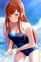Rule 34 | 1girl, bare arms, blue one-piece swimsuit, blue sky, blush, breasts, cleavage, cloud, collarbone, highres, idolmaster, idolmaster shiny colors, light particles, long hair, looking at viewer, medium breasts, nira (vira), one-piece swimsuit, osaki amana, outdoors, red eyes, red hair, school swimsuit, sky, smile, solo, swimsuit, thighhighs, towel, watercraft, wet, wet hair