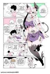 Rule 34 | ..., 1boy, 2girls, alternate language, artist name, black hair, black socks, blush, breasts, brown hair, cleavage, closed mouth, collarbone, comic, crossed arms, demon girl, demon tail, egg, english text, food, glasses, heart, heart tattoo, highres, holding, holding egg, holding food, kneehighs, large breasts, leg tattoo, long hair, looking at another, monster girl, multiple girls, navel, open mouth, original, patreon username, pink eyes, pouty lips, pubic tattoo, purple skirt, shepherd0821, short hair, siblings, sisters, skirt, smile, socks, spoken ellipsis, tail, tattoo, tongue, tongue out, watermark, web address