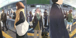 Rule 34 | 6+girls, ahoge, backpack, bag, blue skirt, brown hair, cellphone, coat, covered mouth, dragon horns, duffel bag, fisheye, green scarf, hand grip, hand in pocket, head out of frame, highres, holding, holding phone, horns, long hair, looking at screen, looking at viewer, multiple girls, original, phone, pink hair, pleated skirt, red eyes, rolling suitcase, scarf, scarf over mouth, school uniform, skirt, smartphone, somehira katsu, suitcase, tactile paving, train, train interior, train station, train station platform, white footwear, yellow scarf