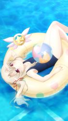 Rule 34 | 1girl, absurdres, alternate hairstyle, arm up, ball, beachball, blonde hair, blue one-piece swimsuit, collarbone, fate/kaleid liner prisma illya, fate (series), from above, game cg, hair ribbon, highres, illyasviel von einzbern, innertube, long hair, looking at viewer, lying, magical ruby, official art, on back, one-piece swimsuit, pool, red eyes, red ribbon, ribbon, school swimsuit, side ponytail, smile, solo, swim ring, swimsuit