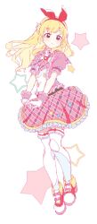 1girl aikatsu! aikatsu!_(series) blonde_hair bow bow_hairband frilled_skirt frills full_body ginjiro_(ginjiroxx) gloves hair_bow hairband highres hoshimiya_ichigo jacket long_hair pink_bow pink_jacket pink_skirt pink_vest puffy_short_sleeves puffy_sleeves red_bow red_eyes red_hairband shoes short_sleeves skirt solo standing star_(symbol) thighhighs vest white_gloves white_thighhighs