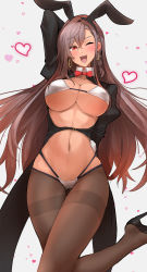 Rule 34 | ;d, animal ears, arm behind back, arm up, bikini, black footwear, bow, bowtie, braid, breasts, brown hair, brown pantyhose, clash kuro neko, cleavage, coattails, collarbone, commentary request, detached collar, earrings, fake animal ears, fake tail, forehead, gluteal fold, hair between eyes, heart, high heels, highres, jewelry, large breasts, leotard, long hair, long legs, long sleeves, meme attire, navel, one eye closed, open mouth, original, panties, pantyhose, parted bangs, playboy bunny, rabbit tail, red bow, red bowtie, red eyes, reverse bunnysuit, reverse outfit, shrug (clothing), simple background, smile, solo, standing, standing on one leg, string panties, swimsuit, tail, thigh gap, tongue, underwear, v-shaped eyebrows, white background