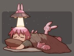 Rule 34 | 1girl, animal, closed eyes, commentary, cowlick, flying saucer, futon, grey background, grey shirt, highres, hugging object, light particles, lying, on stomach, original, pillow, pillow hug, pink hair, rabbit, shirt, short hair, short sleeves, sleeping, smile, solo, spacecraft, spotlight, takurada, ufo, under covers