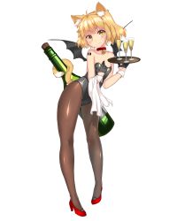 Rule 34 | 1girl, alcohol, animal ears, barcode, barcode tattoo, bare shoulders, bat wings, bell, black gloves, black pantyhose, blonde hair, blush, cat ears, cat tail, champagne, choker, collarbone, cork, drink, fujidouyuu, full body, glass, gloves, hand on own chest, head tilt, high heels, highres, holding, holding with tail, jingle bell, kittysuit, leotard, looking at viewer, nontraditional playboy bunny, original, pantyhose, prehensile tail, red footwear, shoes, short hair, slit pupils, smile, solo, tail, tattoo, tray, wings, wrist cuffs, yellow eyes