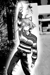 Rule 34 | 1girl, ahoge, animal ears, arm up, belt, closed mouth, greyscale, highres, index finger raised, kakult2017, looking at viewer, meridian project, monochrome, motion lines, outdoors, pants, purple eyes, shirt, solo, spot color, standing, striped clothes, striped shirt, virtual youtuber, yuzumi (meridian project)