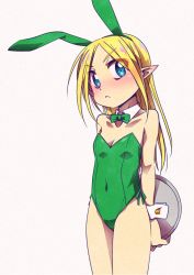 Rule 34 | 1girl, animal ears, arm behind back, blonde hair, blue eyes, bow, bowtie, cowboy shot, detached collar, elf, fake animal ears, green bow, green bowtie, green leotard, grey background, leotard, long hair, looking at viewer, original, playboy bunny, pointy ears, rabbit ears, rabbit tail, simple background, solo, strapless, strapless leotard, tail, tommy region, tray, wrist cuffs
