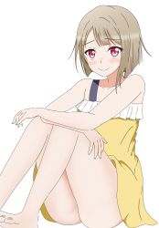 Rule 34 | 1girl, absurdres, arms on own knees, artist name, artist request, bare legs, barefoot, blush, breasts, brown hair, dress, feet, feet out of frame, female focus, frilled dress, frills, grey hair, highres, light brown hair, looking at viewer, love live!, love live! nijigasaki high school idol club, miniskirt, nakasu kasumi, parted lips, pink eyes, plaid, plaid dress, plaid skirt, pleated, pleated dress, pleated skirt, purple eyes, red eyes, short hair, sitting, skirt, smile, solo, thighhighs, white background, yellow dress, yellow skirt