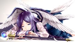 Rule 34 | angel wings, bad id, bad pixiv id, barefoot, blue dress, blue eyes, blue hair, commentary, dress, face down, feathered wings, highres, kamiya ueshi, layered clothes, long hair, long sleeves, multiple wings, sariel (touhou), scepter, seraph, shirt, simple background, solo, touhou, touhou (pc-98), very long hair, white background, white hair, white shirt, white wings, wings