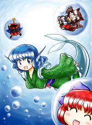 Rule 34 | 3girls, ?, animal ears, blue eyes, blue hair, blush, bow, breasts, brown hair, cape, closed eyes, hair bow, hair ornament, imaizumi kagerou, japanese clothes, kimono, large breasts, long hair, long sleeves, looking at viewer, mermaid, monster girl, multiple girls, nitamago, nitamago (artist), open mouth, red hair, sekibanki, short hair, swimming, tail, touhou, underwater, wakasagihime, water, wolf ears, wolf tail