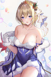 Rule 34 | 1girl, bare shoulders, blonde hair, blue dress, blue eyes, blue ribbon, breasts, cleavage, coat, collarbone, dress, europa (granblue fantasy), flower, fur-trimmed coat, fur-trimmed dress, fur trim, gloves, granblue fantasy, hair flower, hair ornament, highres, large breasts, looking at viewer, official alternate costume, open mouth, orange flower, orange rose, ribbon, rose, short hair, simple background, smile, solo, strapless, strapless dress, tiara, twitter username, white coat, white gloves, yuntae