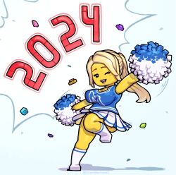 Rule 34 | 1girl, 2024, blonde hair, blue shirt, breasts, cheerleader, cheerleader (lego), colored skin, commentary, english commentary, holding, holding pom poms, large breasts, lego minifig, long hair, meen, one eye closed, pom pom (cheerleading), pom poms, ponytail, shadow, shirt, skirt, smile, socks, solo, the lego group, white footwear, white skirt, white socks, yellow skin