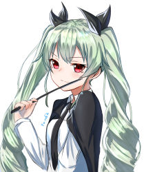 Rule 34 | 10s, 1girl, anchovy (girls und panzer), anzio school uniform, bad id, bad pixiv id, black bow, black cape, black necktie, bow, cape, drill hair, girls und panzer, green hair, hair between eyes, hair bow, highres, holding, holding whip, kuki panda (wkdwnsgk13), long hair, necktie, red eyes, school uniform, shirt, signature, simple background, sketch, smile, solo, twin drills, twintails, upper body, very long hair, white background, white shirt
