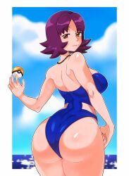 Rule 34 | 1girl, alternate breast size, ass, ass focus, beach, blue one-piece swimsuit, blue sky, breasts, butt crack, collarbone, creatures (company), curvy, game freak, gs ball, hand on own hip, highres, huge ass, large breasts, looking at viewer, looking back, nintendo, ocean, one-piece swimsuit, paperrose, philena ivy, poke ball, pokemon, pokemon (anime), pokemon (classic anime), purple eyes, purple hair, shiny clothes, shiny skin, skindentation, sky, smile, swimsuit, water, wide hips
