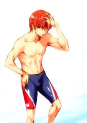 Rule 34 | 1boy, blue jammers, blue male swimwear, brown hair, feet out of frame, hand on own head, jammers, little busters!, male focus, male swimwear, natsume kyousuke, nipples, red eyes, short hair, solo, swimsuit, topless male, wet, zen