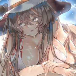 Rule 34 | 1girl, bababababan, bad id, bad pixiv id, bikini, blue sky, blurry, blurry background, body writing, breast tattoo, breasts, brown hair, dripping, girls&#039; frontline, hat, highres, large breasts, long hair, looking at viewer, m37 (girls&#039; frontline), open mouth, shiny skin, sky, solo, sun hat, sweat, swimsuit, tattoo, very long hair, wet, white bikini, yellow eyes
