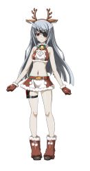 Rule 34 | 10s, 1girl, ahoge, animal ears, antlers, bell, breasts, brown eyes, brown gloves, cleavage, cleavage cutout, clothing cutout, collar, deer ears, eyebrows, eyepatch, fake animal ears, fake horns, full body, gloves, hairband, highres, holster, horns, infinite stratos, laura bodewig, long hair, looking at viewer, miniskirt, navel, neck bell, reindeer antlers, silver hair, skirt, small breasts, solo, thigh holster, transparent background