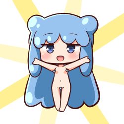 Rule 34 | 1girl, :d, absurdres, barefoot, blue eyes, blue hair, blush, breasts, censored, censored nipples, chibi, collarbone, commentary request, convenient censoring, double bun, full body, groin, hair bun, half slime-chan, hana kazari, hands up, highres, long hair, looking at viewer, monster girl, navel, nude, open mouth, original, outstretched arms, slime girl, small breasts, smile, solo, standing, sunburst, sunburst background, very long hair