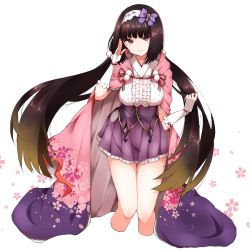 Rule 34 | 1girl, bat (animal), black hair, blush, fate/grand order, fate (series), fingerless gloves, gloves, hairband, long hair, looking at viewer, low twintails, osakabehime (fate), purple eyes, simple background, smile, solo, takae (poupee en biscuit), twintails, very long hair, white background