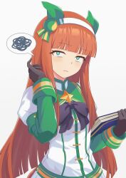 Rule 34 | 1girl, animal ears, black gloves, blue eyes, blunt bangs, book, closed mouth, dress, ear covers, frown, gloves, hairband, hand in own hair, highres, holding, holding book, horse ears, horse girl, long hair, long sleeves, looking at viewer, orange hair, rapana p, silence suzuka (umamusume), simple background, solo, speech bubble, spoken squiggle, squiggle, star (symbol), umamusume, upper body, wavy mouth, white background, white dress, white hairband
