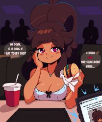 Rule 34 | 1girl, black bow, blue nails, blue shirt, blush, bow, breasts, broken heart, brown hair, burger, cellphone, cleavage, collarbone, cup, dark skin, dating, drinking straw, food, head rest, heart, heart necklace, highres, holding, jewelry, long hair, looking at viewer, mari (tiaramisstsu), medium breasts, mugshot, necklace, phone, ponytail, red eyes, restaurant, shirt, sitting, smartphone, smile, tiara miss tsu, twitter, twitter logo