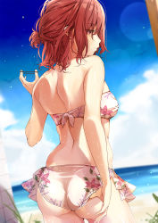 Rule 34 | 1girl, ass, back, bare arms, bare shoulders, beach, bikini, blue sky, blurry, blurry background, breasts, closed mouth, commentary request, cowboy shot, day, floral print, from behind, hair tie, hand under clothes, hand up, highres, higuchi madoka, holding, idolmaster, idolmaster shiny colors, looking away, medium hair, nira (vira), outdoors, print bikini, red eyes, red hair, sky, solo, standing, strapless, strapless bikini, swimsuit, wet, white bikini