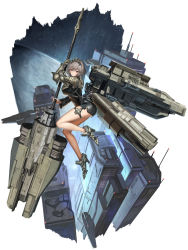 Rule 34 | 1girl, absurdres, armor, black dress, breasts, commentary request, copyright request, dress, gauntlets, grey hair, high heels, highres, holding, holding weapon, large breasts, looking at viewer, mecha musume, nihoshi (bipedal s), personification, red eyes, science fiction, short hair, shoulder armor, single gauntlet, solo, space, weapon