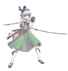 Rule 34 | 1girl, absurdres, bandages, blue eyes, cuboon, dual wielding, female focus, fighting stance, flower, full body, hairband, highres, holding, katana, konpaku youmu, mouth hold, short hair, silver hair, solo, standing, sword, touhou, transparent background, weapon