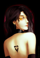 Rule 34 | 1girl, aura, bare back, black background, black hair, cinder fall, dress, earrings, gloves, hair over one eye, jewelry, lipstick, looking at viewer, makeup, orange eyes, rwby, simple background, smirk, solo, tattoo