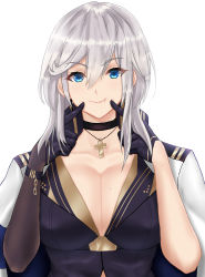 Rule 34 | 1girl, absurdres, azur lane, black gloves, blue eyes, breasts, cleavage, cross, fingersmile, gloves, highres, large breasts, looking at viewer, military, military uniform, mole, mole on breast, shinshikikan, short hair, silver hair, simple background, smile, solo, uniform, washington (azur lane)