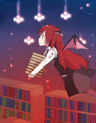 Rule 34 | 1girl, bad id, bad pixiv id, bat wings, book, bookshelf, buttons, carrying, female focus, flying, holding, holding book, koakuma, library, long hair, long sleeves, necktie, pantyhose, profile, pun2, red eyes, red hair, shelf, skirt, smile, solo, embodiment of scarlet devil, touhou, vest, voile, wings