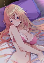 Rule 34 | 1girl, absurdres, ahoge, azur lane, bed, blue eyes, bra, breasts, cleavage, from above, highres, impero (azur lane), lace, lace-trimmed bra, lace-trimmed panties, lace trim, large breasts, light brown hair, lingerie, long hair, looking at viewer, lying, on back, on bed, origami aya, panties, pillow, pink bra, pink panties, solo, underwear, underwear only