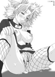 Rule 34 | 1girl, aftersex, artist request, blush, breasts, censored, cum, cum in pussy, fishnets, greyscale, large breasts, monochrome, naruto, naruto (series), pussy, quad tails, solo, temari (naruto)
