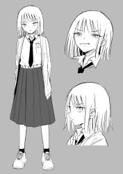 Rule 34 | 1girl, belt, character sheet, collared shirt, commentary request, full body, grey background, greyscale, highres, indonesian commentary, indonesian high school uniform, jacket, kurokobokan, long skirt, long sleeves, looking at viewer, monochrome, multiple views, necktie, open clothes, open jacket, original, parted lips, pleated skirt, school uniform, shirt, shoes, short hair, skirt, socks, standing, v-shaped eyebrows
