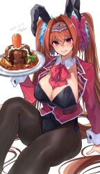 Rule 34 | 1girl, absurdres, alternate costume, animal ears, antenna hair, black pantyhose, blush, breasts, brown hair, carrot, cleavage, daiwa scarlet (umamusume), dated, detached collar, fake animal ears, fang, food, gashitani, hair between eyes, hair intakes, hamburger steak, highres, holding, holding plate, horse tail, jacket, large breasts, leotard, long hair, looking at viewer, pantyhose, pasta, plate, playboy bunny, rabbit ears, red eyes, red jacket, signature, simple background, sitting, skin fang, solo, spaghetti, strapless, strapless leotard, tail, tiara, twintails, umamusume, very long hair, wavy mouth, white background, wing collar