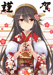 Rule 34 | 1girl, absurdres, black hair, blush, boar, brown eyes, closed mouth, ema, floral print, flower, gensoukitan, hair between eyes, hair flower, hair ornament, hairclip, haruna (kancolle), headgear, highres, holding, japanese clothes, kantai collection, kimono, long hair, long sleeves, looking at viewer, obi, pink flower, print kimono, red flower, red kimono, red ribbon, ribbon, sash, shawl, smile, solo, upper body, wide sleeves