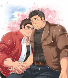 Rule 34 | 2boys, alternate costume, bara, beard, belt, black pants, black sweater, blush, brown belt, bulge, casual, cherry blossoms, commission, contemporary, couple, facial hair, falling petals, holding hands, jacket, leaning on person, leather, leather jacket, long sideburns, male focus, protagonist 3 (housamo), mature male, multiple boys, muscular, muscular male, open clothes, open jacket, open shirt, pants, pectorals, petals, revision, short hair, sideburns, skeb commission, smile, stubble, sunfight0201, sweater, tokyo houkago summoners, yaoi, zabaniyya (housamo)